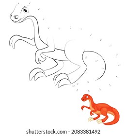 Point-to-point game. Draw a line. Velociraptor. For kids. Worksheet. Coloring book. Cartoon character.	