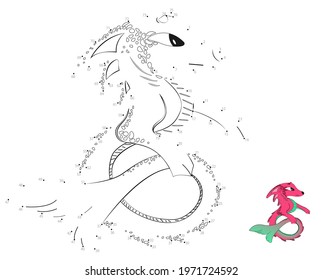 Point-to-point game. Draw a line. Water dragon. For kids. Worksheet. Coloring book. Cartoon character.