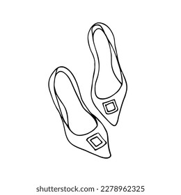 tacones altos puntiagudos con un cuadrado a través del doodle dibujado a mano. par de zapatos puntiagudos de mujeres con un bosquejo vectorial de broche