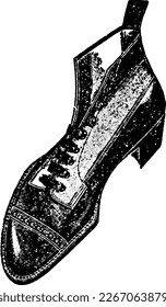 Pointy Shoe Boot Illustration in Halftone Style, Oxford, Engraving, Illustration drawn in engraved etching style with halftones and linework. Antique shoe from early 1900s. Retro sketch.