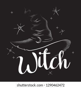 Pointy witch hat with crescent moon hand drawn line art and dotwork. Boho chic poster, flash tattoo or altar veil print design vector illustration