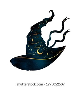 Pointy witch hat with crescent moon and stars hand drawn line art and dotwork. Boho chic poster, flash tattoo or altar veil print design vector illustration