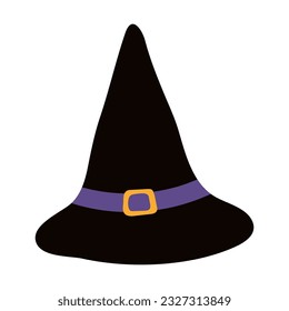 Pointy witch hat Halloween costume accessory hand drawn illustration. Cartoon style flat design, isolated vector. Kids seasonal print element, autumn holiday party, cosplay, carnival