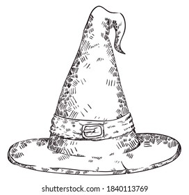 Pointy wizard hat in hand drawn style, decorated with band and buckle, isolated over white background.