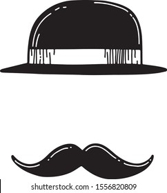 Poirot set: bowler hat and mustache. Vector illustration, hand drawn sketch, line art, isolated on white background. British symbol.