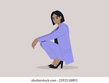 A poised businesswoman, donned in an elegant lavender pantsuit and high heels, exudes confidence in a purposeful squat
