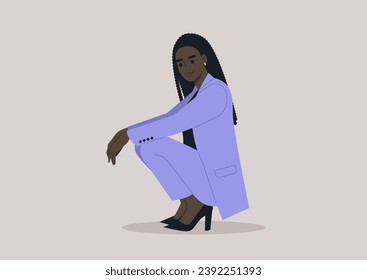 A poised businesswoman, donned in an elegant lavender pantsuit and high heels, exudes confidence in a purposeful squat