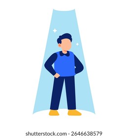 A poised individual stands confidently under a spotlight in a minimalist space conveying simplicity style and emotional presence