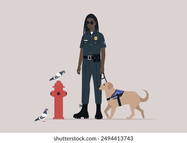 A poised police officer stands beside a trained service dog, surveying the area while pigeons gather near a fire hydrant