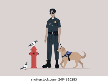 A poised police officer stands beside a trained service dog, surveying the area while pigeons gather near a fire hydrant