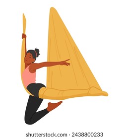 Personaje De La Mujer Equilibrada Realiza Con Gracia Yoga Aéreo, Suspendido En Una Hamaca De Seda Con Una Pierna Envuelta, Su Cuerpo Elegantemente Contorneado En Una Posada Desafiante, Exudando Tranquilidad Y Fuerza, Vector