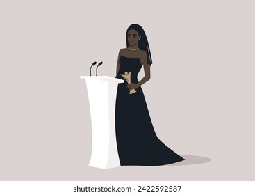 A poised woman standing confidently at a podium, her elegant attire complementing the solemnity of the event she is addressing