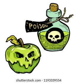 Poison apple and bottle, hand drawn line art, stock vector illustration set isolated on white background