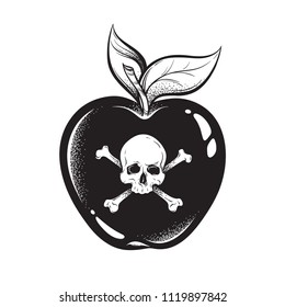 Poison apple line art and dot work hand drawn vector illustration. Boho style sticker, patch, print or blackwork flash tattoo design