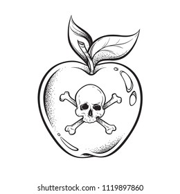 Poison apple line art and dot work hand drawn vector illustration. Boho style sticker, patch, print or blackwork flash tattoo design