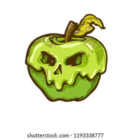 Poison apple with scull face icon, black and white hand drawn line art, stock vector illustration isolated on white background