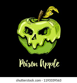 Poison apple with scull face icon, black and white hand drawn line art, stock vector illustration isolated on white background