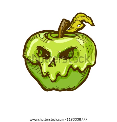 Poison apple with scull face icon, black and white hand drawn line art, stock vector illustration isolated on white background