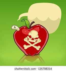 poison apple with skull and crossbones isolated on white. worm in the apple with dialog balloon. cartoon illustration