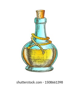 Poison Bottle With Cork Cap Vector. Glass Bottle With Planted Yarn And Toxic Mixture. Poisonous Liquid In Flask Template Hand Drawn In Vintage Style Color Illustration