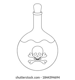 Poison bottle. The emblem on the bottle is skull and bones. Vector illustration. Outline on an isolated white background. Doodle style. Sketch. A miraculous drink. Witch potion in a bottle. Halloween 