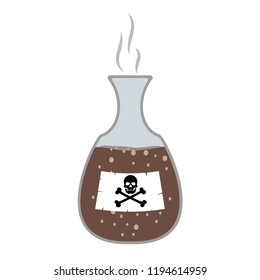 Poison in the bottle, flask with skull and bones, cartoon. Toxic hazardous substances, flat style. Vector icon on isolated white background.