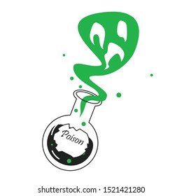Poison bottle flat vector illustration. Magic dangerous elixir glass vial isolated clipart. Green liquid. Halloween greeting card design element. Witchcraft, wizardry decoration, sticker 