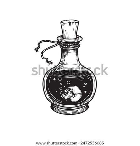 Poison in bottle with floating skull. Hand drawn sketch line art style. Witchcraft sticker, patch, print or blackwork flash tattoo design. Vector illustration.