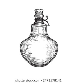 Poison in bottle. Hand drawn sketch line art style. Witchcraft sticker, patch, print or blackwork flash tattoo design. Vector illustration.