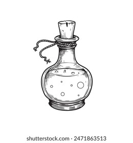 Poison in bottle. Hand drawn sketch line art style. Witchcraft sticker, patch, print or blackwork flash tattoo design. Vector illustration.