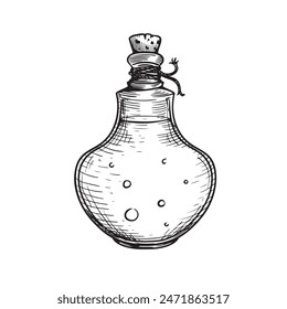 Poison in bottle. Hand drawn sketch line art style. Witchcraft sticker, patch, print or blackwork flash tattoo design. Vector illustration.