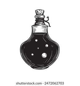 Poison in bottle. Hand drawn sketch line art style. Witchcraft sticker, patch, print or blackwork flash tattoo design. Vector illustration.