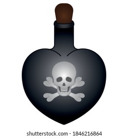 Poison bottle. Heart shaped vessel. The emblem on the bottle is skull and bones. Colored vector illustration. Isolated white background. Cartoon style. A miraculous drink. Witch potion in a flask.