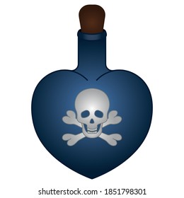 Poison bottle. Heart shaped vessel. The emblem on the bottle is skull and bones. Colored vector illustration. Isolated gray background. Cartoon style. A miraculous drink. Witch potion in a flask.