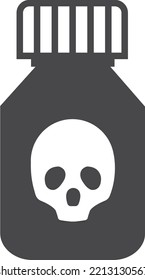 Poison bottle icon. Black container with skull sign