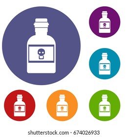 Poison bottle icons set in flat circle reb, blue and green color for web