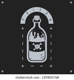 Poison bottle illustration logo with skull and crossed bones label on dark grey background