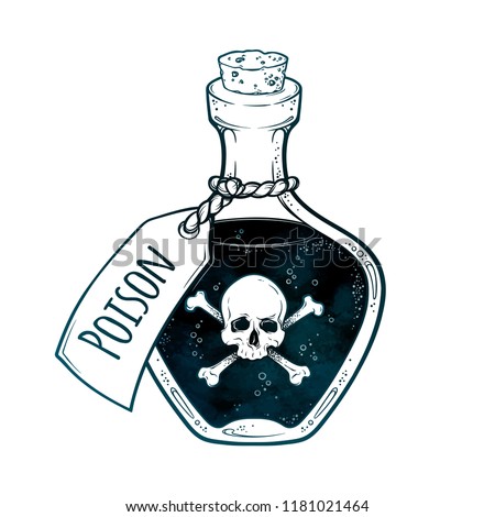 Poison in bottle line art and dot work hand drawn vector illustration. Boho style sticker, patch, print or blackwork flash tattoo design