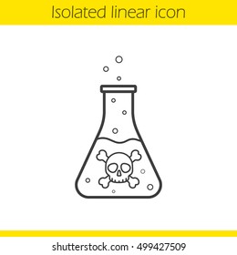 Poison bottle linear icon. Thin line illustration. Boiling poisonous liquid with crossbones and bubbles. Contour symbol. Vector isolated outline drawing
