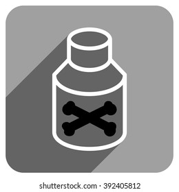 Poison Bottle long shadow vector icon. Style is a flat poison bottle iconic symbol on a gray square background.