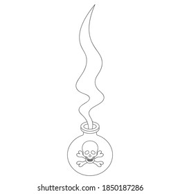 Poison bottle. Magic couples come out of the bubble. The emblem on the bottle is skull and bones. Vector illustration. Outline on an isolated white background. Doodle style. Sketch. Coloring book.