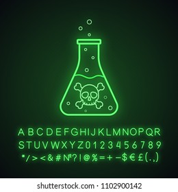 Poison bottle neon light icon. Boiling poisonous liquid with crossbones and bubbles. Glowing sign with alphabet, numbers and symbols. Vector isolated illustration