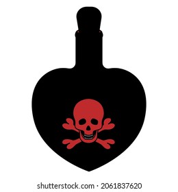 Poison bottle. Silhouette. Heart shaped vessel. Red emblem on a bottle of skull and bones. The bottle is closed with a stopper. Vector illustration. A miraculous drink. Witch potion in a flask. 