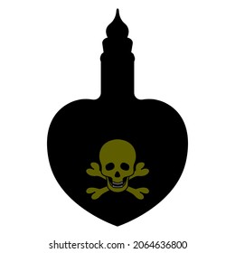Poison bottle. Silhouette. Heart shaped vessel. Green emblem on a bottle of skull and bones. The bottle is closed with a stopper. Vector illustration. A miraculous drink. Witch potion in a flask. 