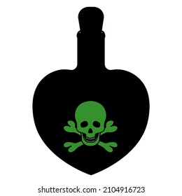 Poison bottle. Silhouette. Heart shaped vessel. Green emblem on a bottle of skull and bones. The bottle is closed with a stopper. Vector illustration. A miraculous drink. Witch potion in a flask. 