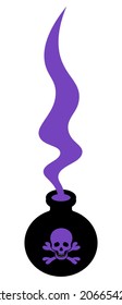 Poison bottle. Silhouette. Magic purple vapors come out of the bubble. The emblem on the bottle is skull and bones. Vector illustration. A miraculous drink. Witch potion in a bottle. 