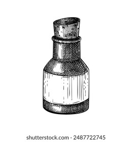 Poison bottle sketch. Witchcraft vector illustration. Vintage Halloween design element. Hand-drawn alchemy, apothecary, esoteric symbols. NOT AI generated