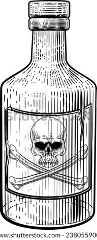 A poison bottle with skull and crossbones warning label sign in a vintage woodcut etching style