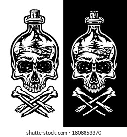 Poison bottle skull, hand drawn line art vector illustration, isolated on dark and bright background, 