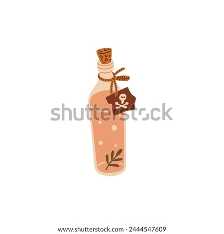 Poison bottle with skull tag flat icon. Witches potion elixir, alchemy flask with venom herb beverage, chemicals. Cartoon magical drink element vector illustration isolated on white